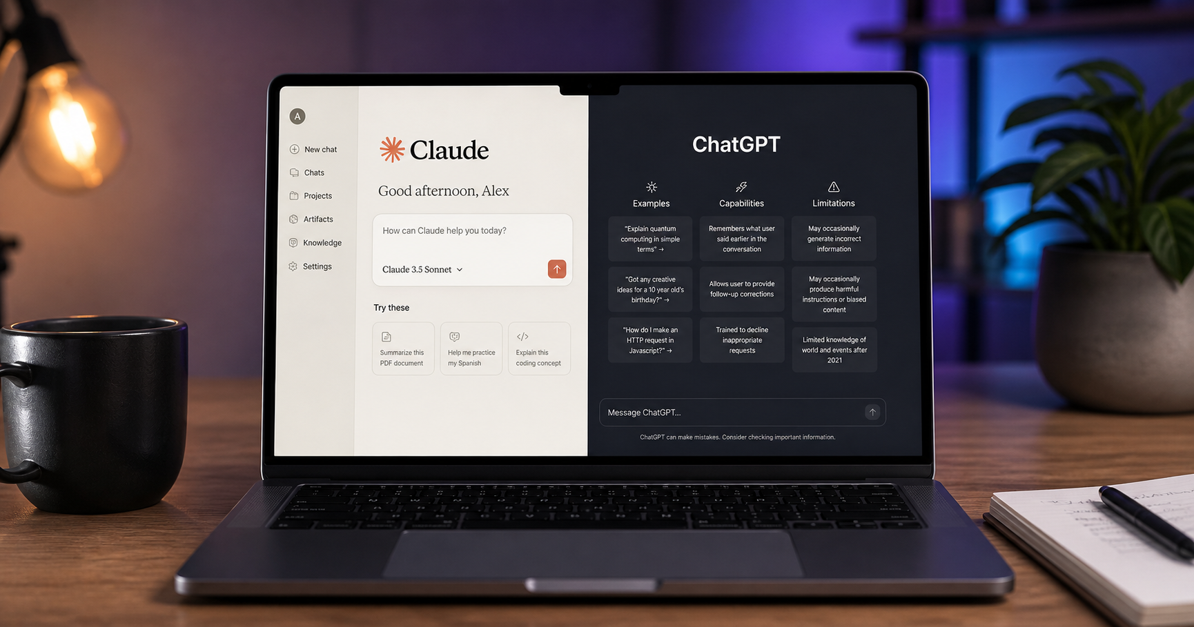 Claude vs ChatGPT 2026 comparison side by side on a laptop showing both AI assistants in action