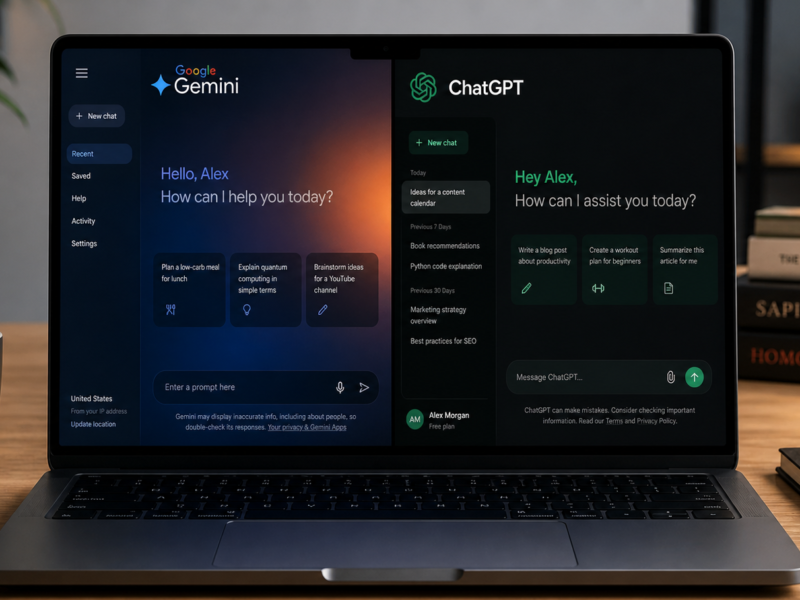 Gemini vs ChatGPT 2026 comparison side by side on a laptop showing Google and OpenAI AI chatbots