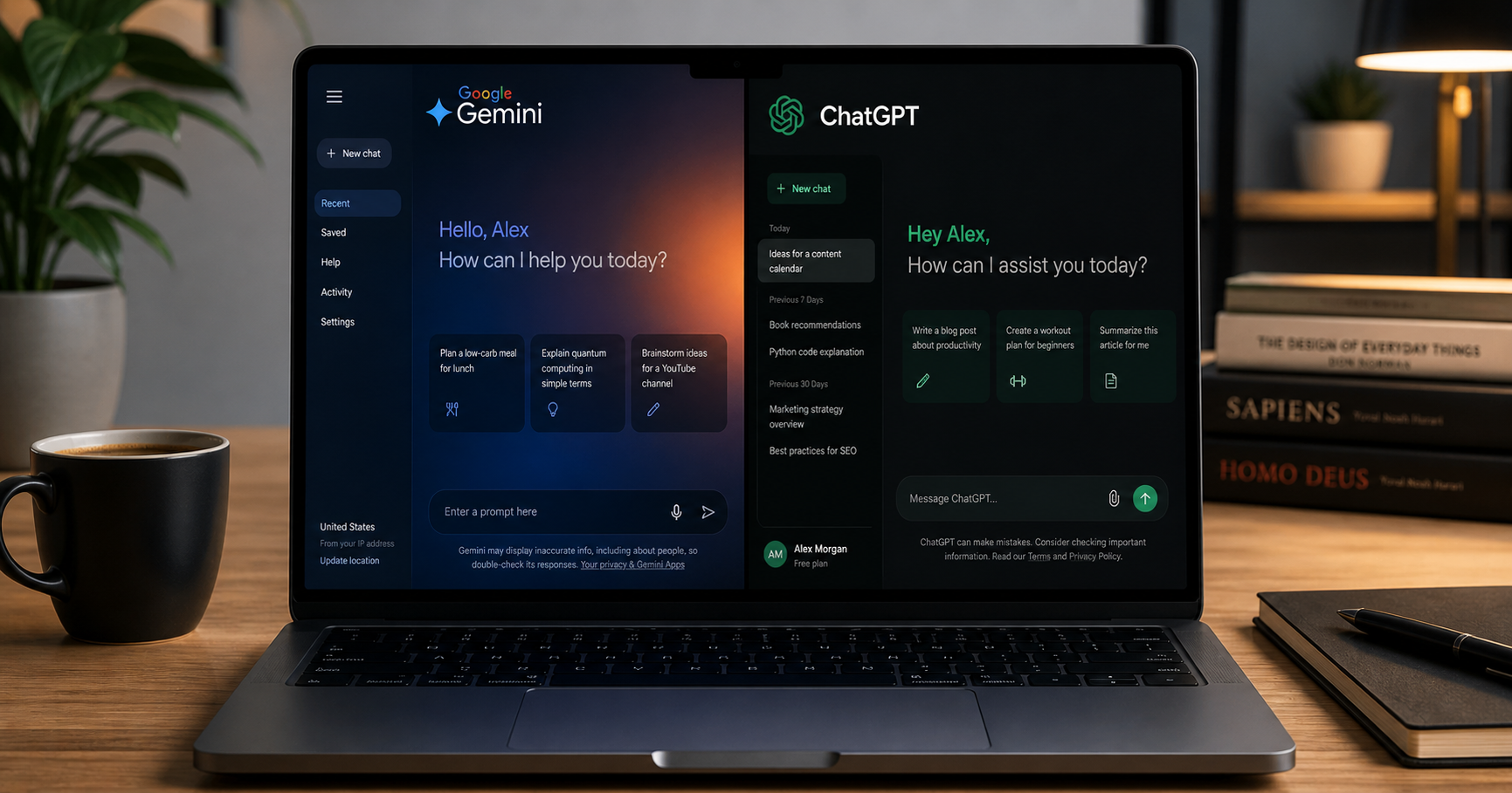Gemini vs ChatGPT 2026 comparison side by side on a laptop showing Google and OpenAI AI chatbots