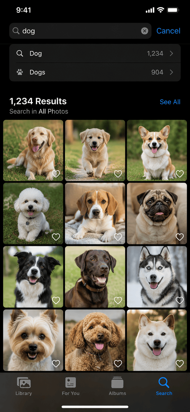 Phone photo app searching "dog" and returning 1,234 matching pictures, AI in everyday life most people never notice