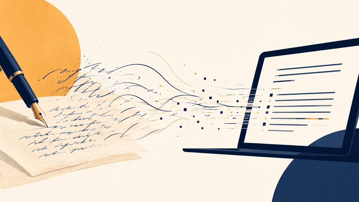 Conceptual image of handwritten prose merging with digital text, illustrating AI creative writing