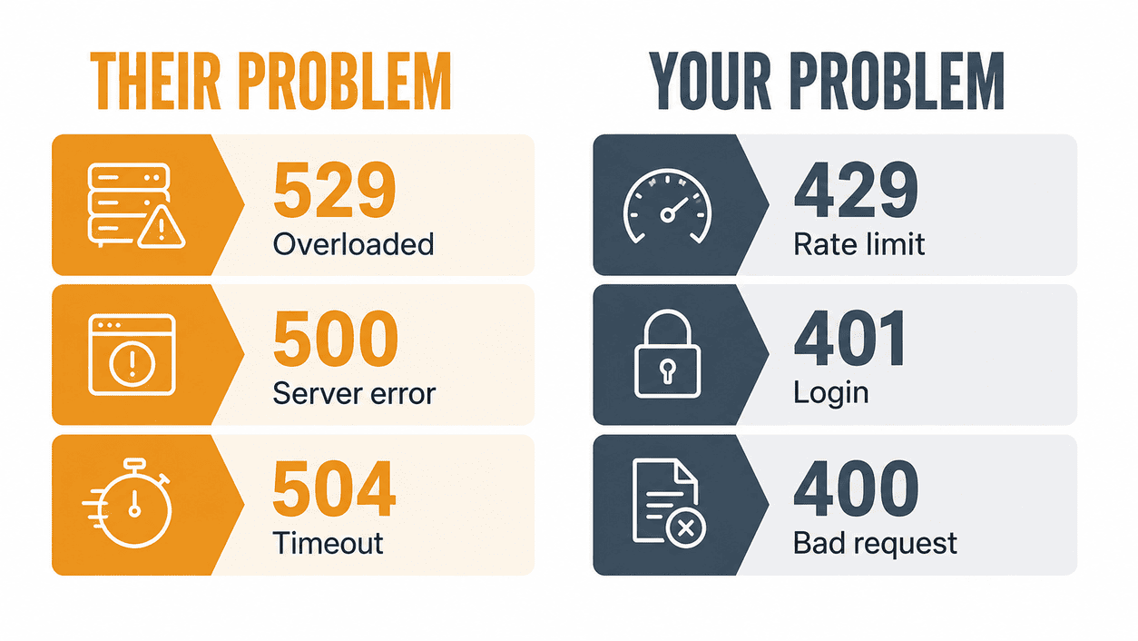 Chart explaining Claude error codes 529, 500, 504 and 429 and whether Claude not working is a server problem or yours