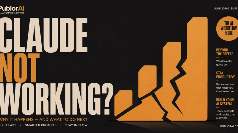 Editorial cover reading "CLAUDE NOT WORKING?" with a fractured signal motif, illustrating how to tell if Claude is down