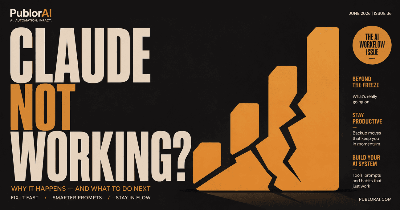 Editorial cover reading "CLAUDE NOT WORKING?" with a fractured signal motif, illustrating how to tell if Claude is down