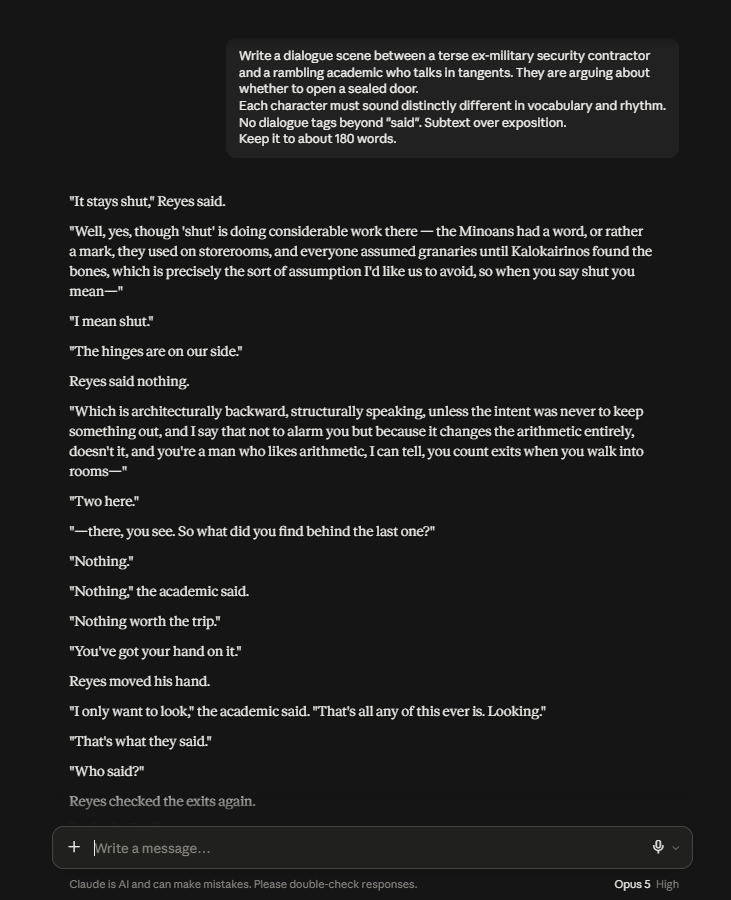 Real Claude output from this Claude Opus creative writing test, showing a generated fiction passage