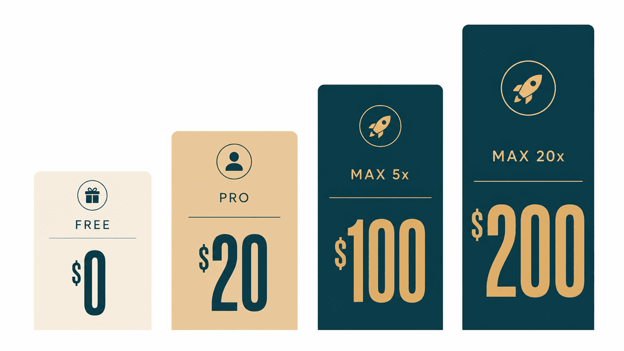 Chart comparing Claude plan prices, showing Free at $0, Pro at $20, Max 5x at $100 and Max 20x at $200 per month