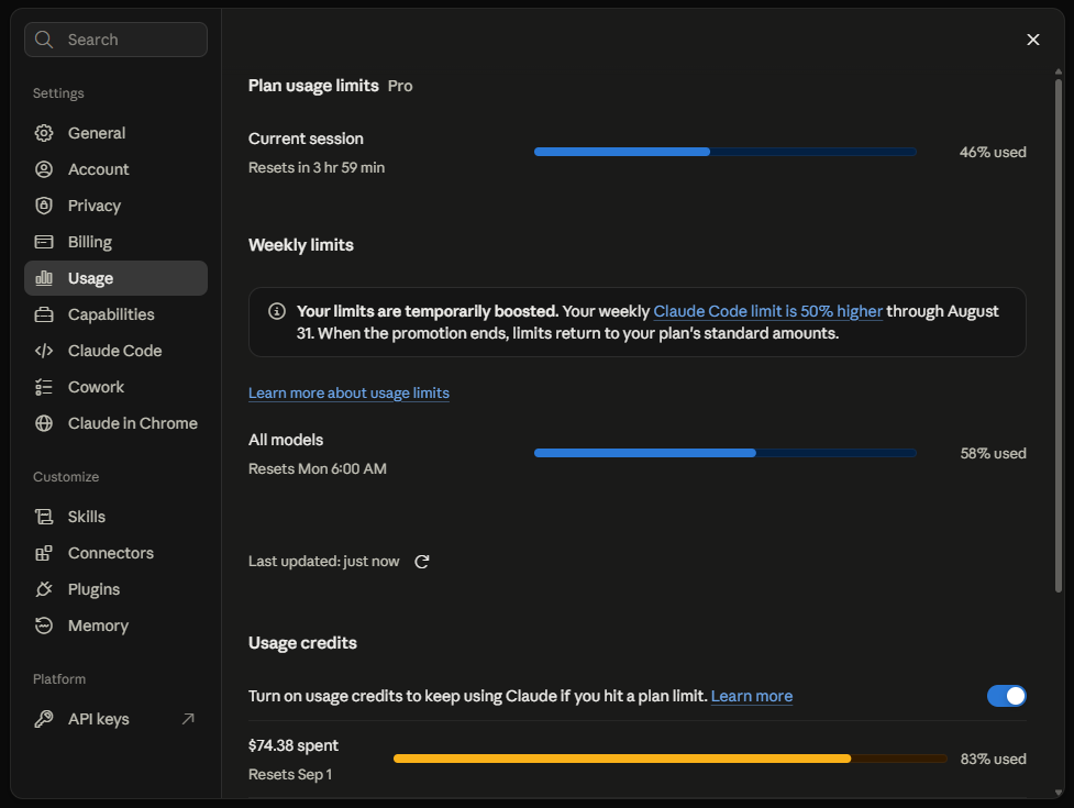 Real screenshot of the Claude Settings Usage panel showing current consumption and the next reset time