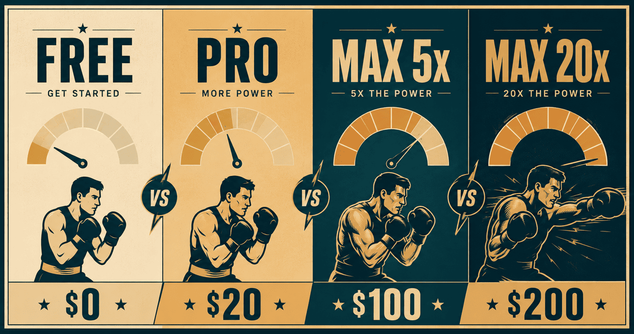 Versus-style poster comparing Claude usage limits across the Free, Pro and Max plans