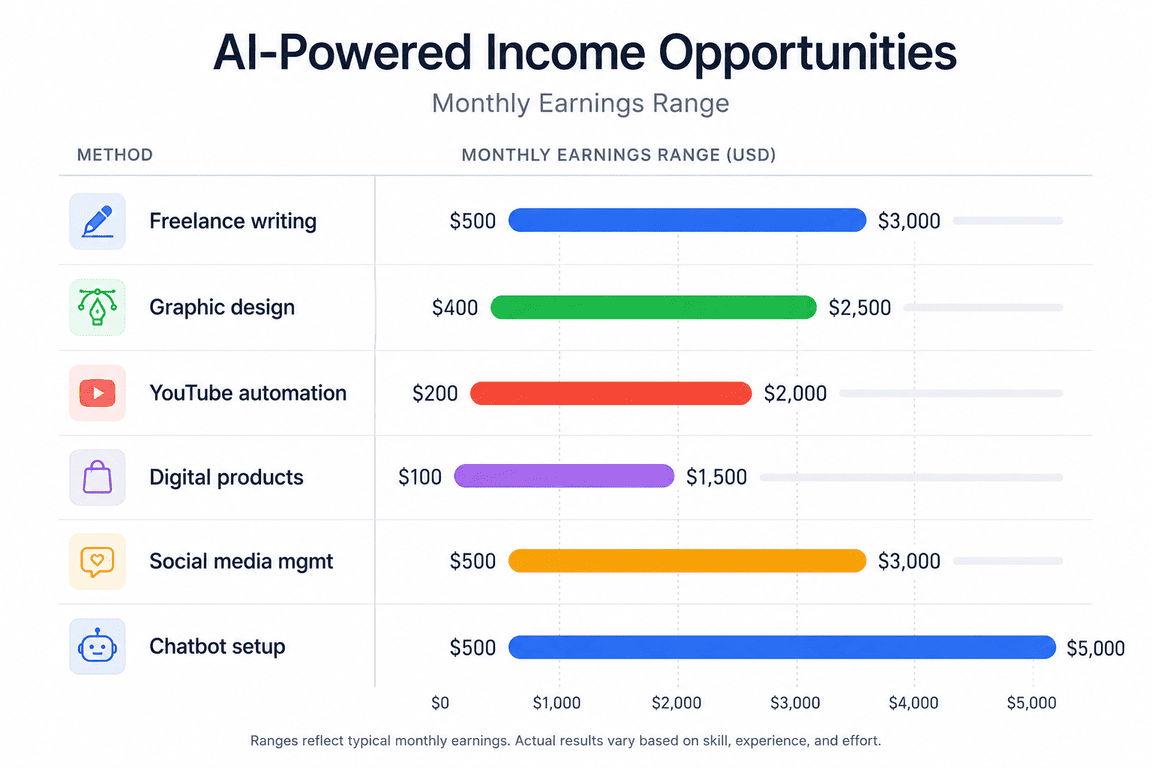 Chart showing realistic monthly earning ranges for six ways to make money with AI in 2026