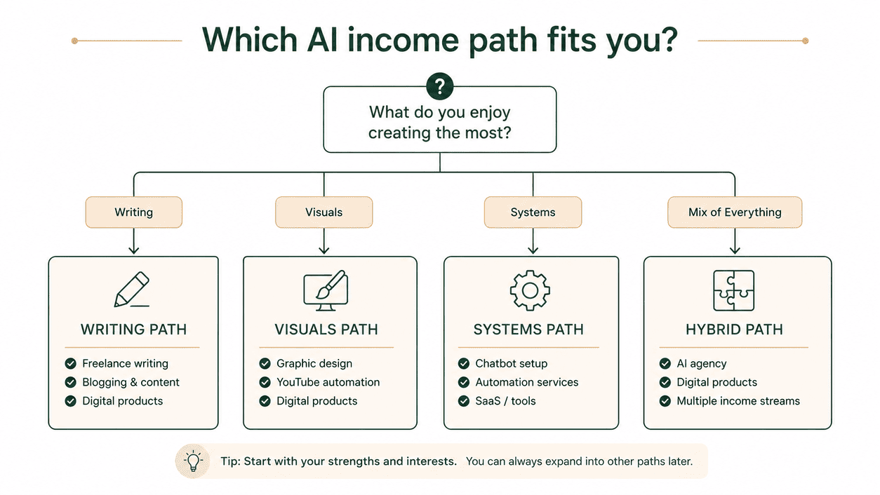 Flowchart for choosing which way to make money with AI based on your existing skills