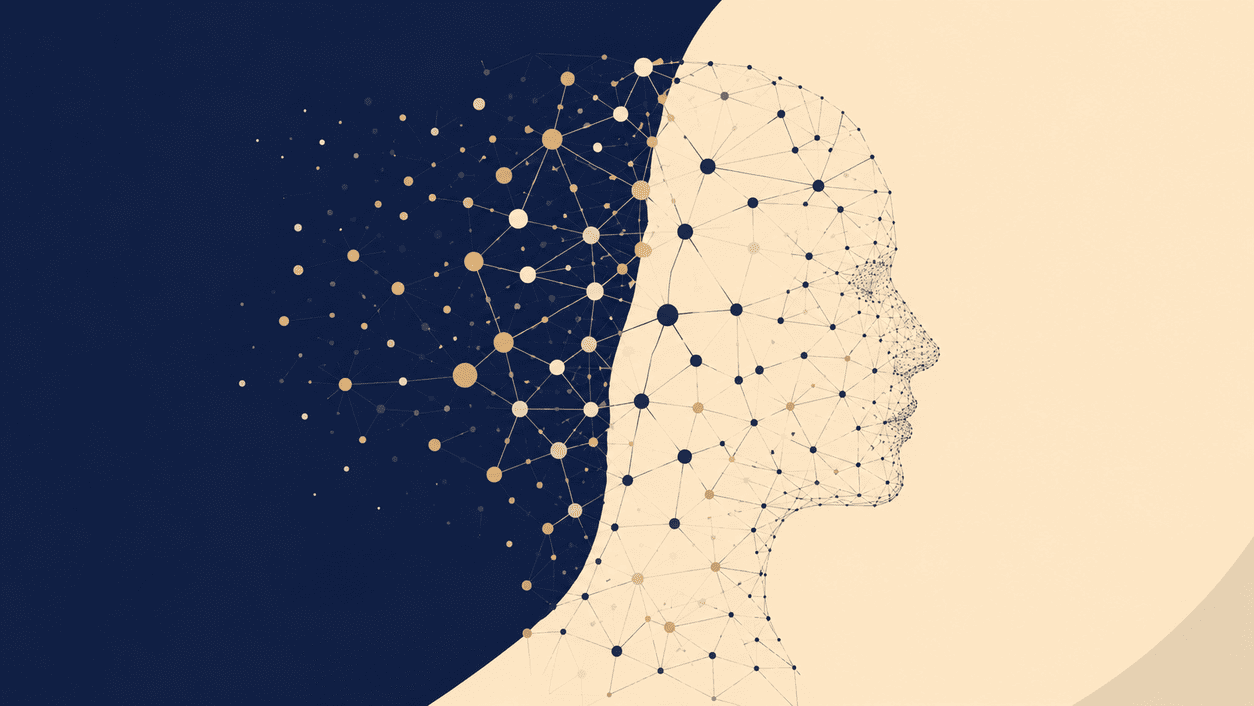 Conceptual image of a neural network forming a human silhouette, illustrating what artificial intelligence is