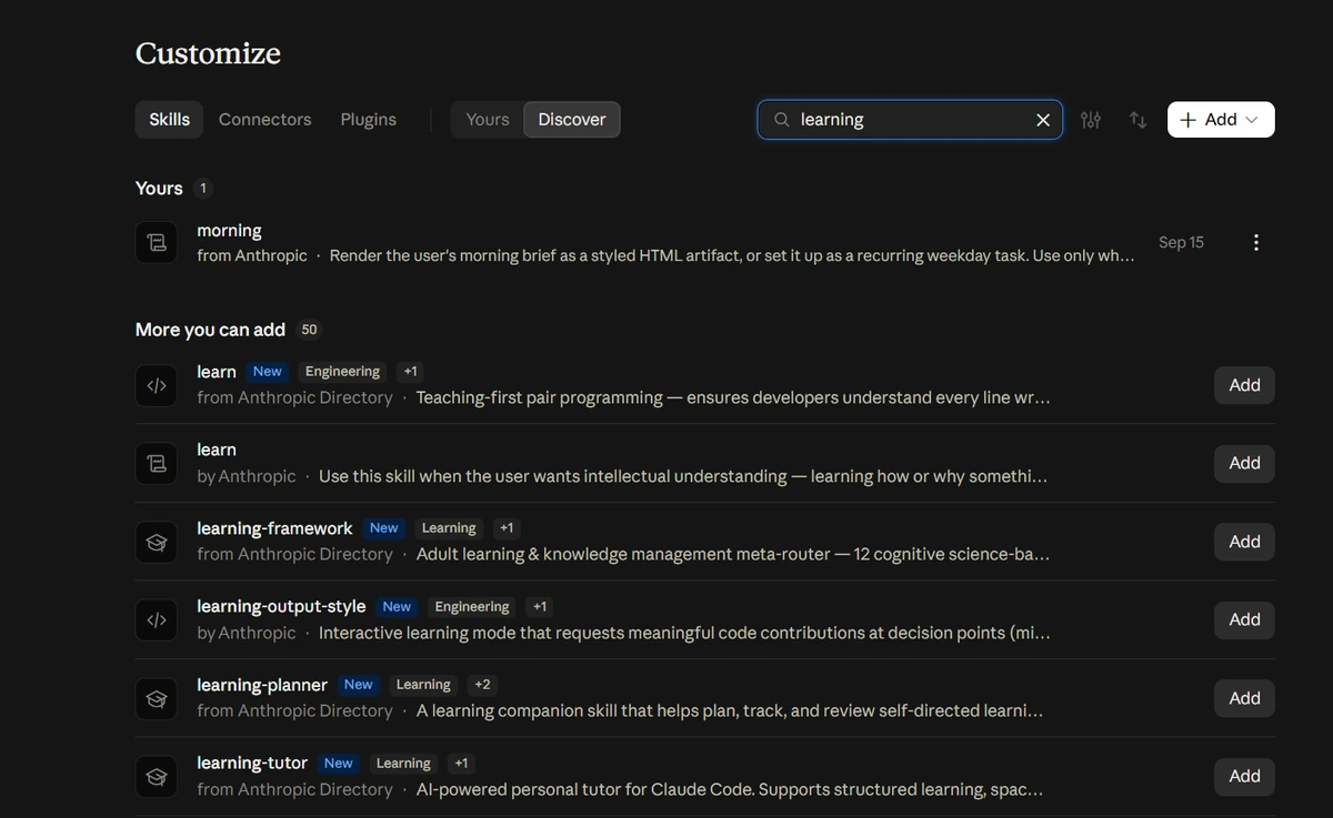 Claude skills search for learning, showing the learning-output-style skill unadded, behind Claude refusing to do homework