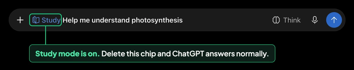 ChatGPT message box with the Study chip switched on, the setting to check when learning how to stop ChatGPT refusing