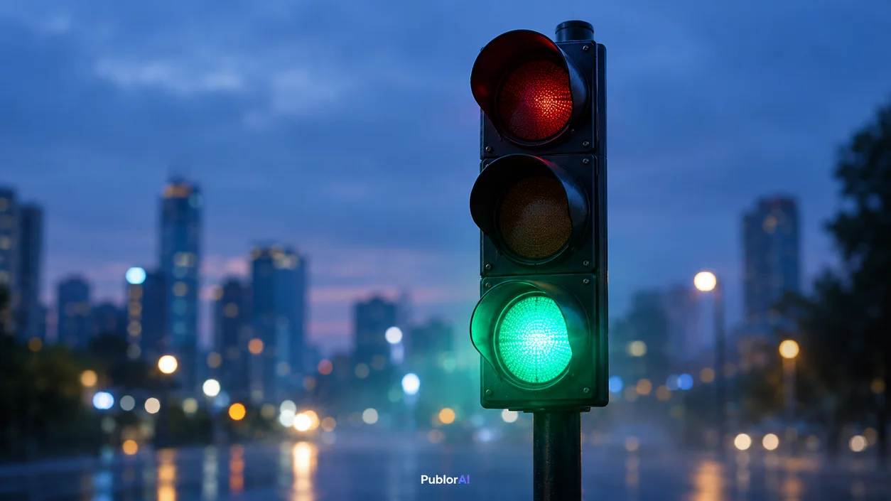 A traffic light turning from red to green at dusk, a picture of how to stop ChatGPT refusing and get an answer