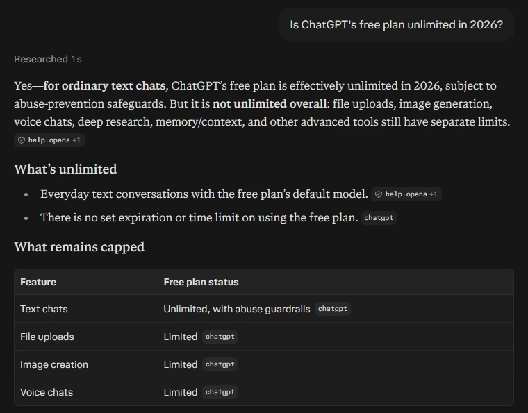 Perplexity’s free plan answering a question with numbered source citations, one of the best free AI tools in 2026