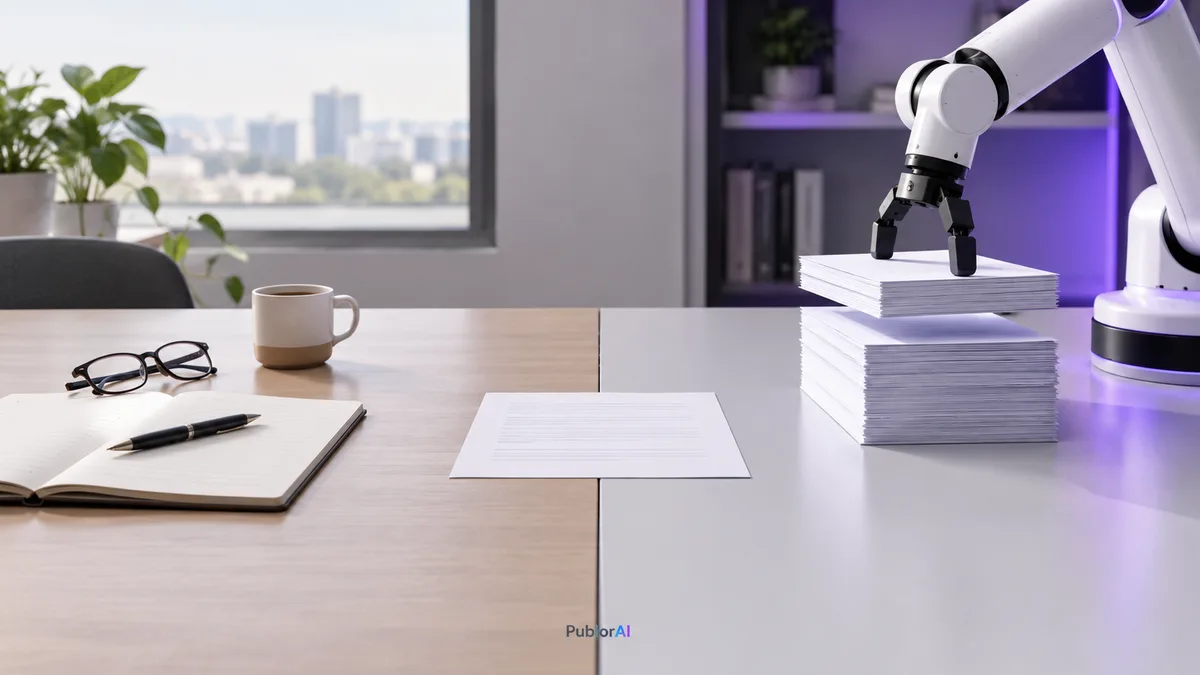 A desk shared by a notebook and a robotic arm stacking papers, the question behind will AI take my job